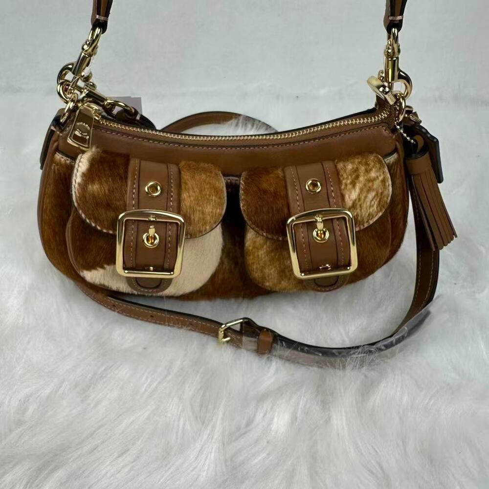 Coach Ashton Shoulder Bag In Haircalf With Cow Print Gold/Cow Multi CDW47 NWT - Picture 2 of 10